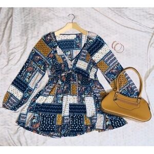 MELLODAY Blue and White Patchwork Top